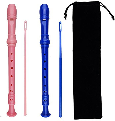 Kasteco 2 Pack German Style 8 Hole-3 Piece Descant Soprano Recorders with Cleaning Rod, Black Storage Bag, ABS Material (Pink and Blue)