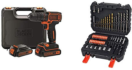 BLACK+DECKER BDCDC18KB-QW Trapano Avvitatore, con Doppia Batteria al Litio, 18 V, 1.5 Ah, Valigetta, Arancione + A7188-XJ Set per Forare ed Avvitare, 50 Pezzi