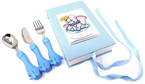 Set 3 Cubiertos Acero Inoxidable 18/10 Infantil Caja Disney Dumbo Plata Ley 925M Bilaminada Azul