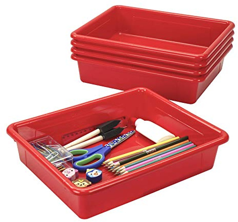 Storex Flaches Aufbewahrungsfach in Briefgröße, Organizer-Mülleimer für Klassenzimmer, Büro und Zuhause, rot, 5er-Pack (62518U05C)