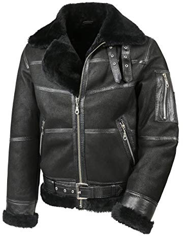 Hollert Herren Lammfelljacke B16 Modell 7 SCHWARZ Sylvester Style Winterjacke 100% Merino Felljacke Lederjacke