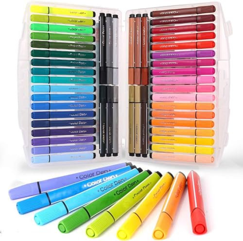 KXF Washable Felt Tip Colouring Pens Set for Children Non-toxic Thick Fibre Tip Chunky Pens with Case Box for Colouring Book Drawing Gift - 48 Assorted Colours - Ages 3 Years Plus