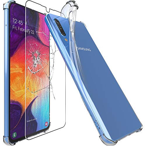 ebestStar - Coque pour Samsung A50 Galaxy SM-A505F, Etui Protection Silicone Transparent Antichoc, Coins Renforcés, Transparent + Verre Trempé