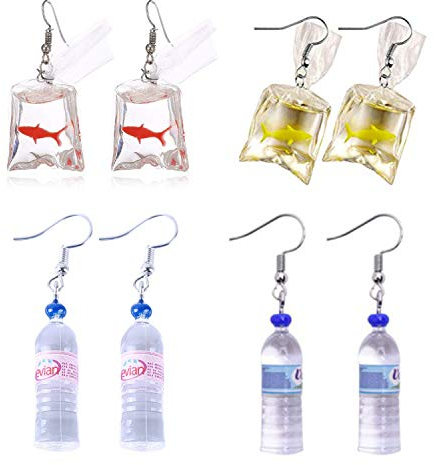 PPX 4 Pairs Funny Acrylic Goldfish and Water Bottle Pendant Earrings, Water Bag Shape Dangle Hook Earrings for Girls Women Bohemian Creative Unique