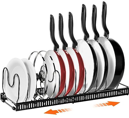 AHNR Expandable Pot and Pan Organizer Rack, 10 Adjustable Compartments, Black, Iron, Kitchen Pot Racks, Pot Rack, 23.2 x 7.1 x 7.3 inches, Store and Organize Various Kitchenware