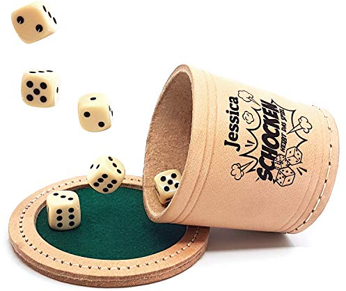 Diamandi Würfelbecher Set personalisiert mit Namen & Motiv Gravur | inkl. Würfel-Teller + 5 Würfel | echtes Leder