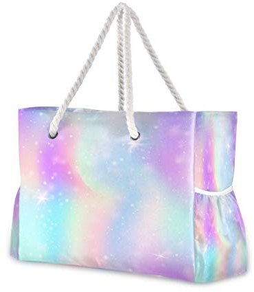 Strandtasche mit Baumwollseil-Griffen, Hintergrund mit rosa Glitzer-Herzen, Schultertasche, Strandtasche, Reißverschluss oben, mehrere Außen- und Innentaschen