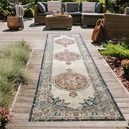 Teppich-Traum In- & Outdoor Teppich Vintage Blumen Rot Orange 80x300 cm | Pflegeleicht, schmutzabweisend, farbecht und strapazierfähig, seitlich gekettelt, für Balkon, Terrasse, Garten und Flur
