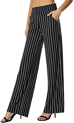 Urban CoCo Damen-Palazzo-Hose im Boho-Stil, weites Bein, Strandhose, hohe Taille, Loungehose mit Taschen, Schwarz/Weiß, M