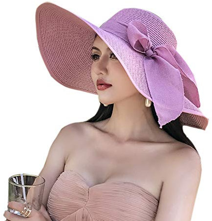 WSLCN Femme Chapeau de Soleil en Paille à Bord Large Capeline Pliable Plage Eté Anti-UV Décoration de Ruban Violet (Bordure noire)