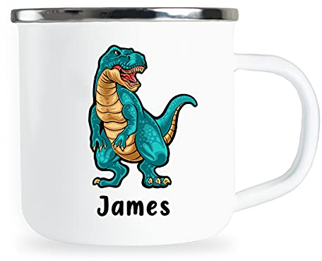 James Personalisierte Kindertasse mit Name und lustigem Dinosaurier Motiv Emaille Tasse individuelle Geschenke Kind Geburtstag Junge Mädchen Metallbecher Emailletasse Geschenkidee