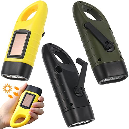 3 Packs Solar Powered Rechargeable LED Flashlight Emergency Self Powered Charging Torch Small Hand Crank LED Flashlight Survival Gear Manual Flashlight Dynamo for Camping Outdoor Backpack Home Safety