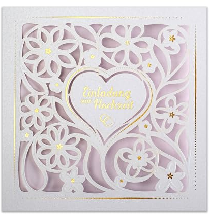 ART NUVO HOCHZEITSEINLADUNGEN - 20 St. 135x135mm, MIT BEDRUCKBAREN EINLAGEN UND UM-SCHLÄGEN FÜR HOCHZEIT – LASERGESCHNITTEN, MIT GOLDFOLIE VEREDELT. GEPRESSTES MUSTER AUF METALLICKPAPIER