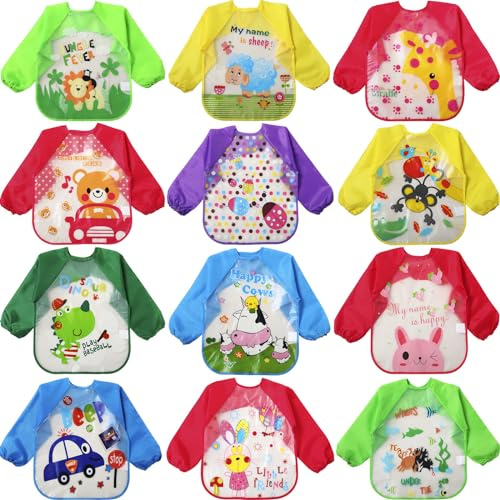 JaGely 12 Pcs Kids Art Smocks Toddler Smock Waterproof Painting Aprons Children Apron with Long Sleeve Washable Bib for Baby Eating (Classic)