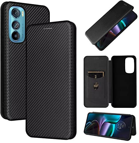 Jeelar ESONG Coque pour Motorola Edge 30,Premium en Cuir Fibre de Carbone Flip Case avec Fentes pour Cartes/Fermeture Magnétique/Fonction Support,Protection Etui Housse,Anti-Choc Phone Case - Le Noir