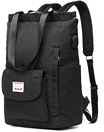Convertible Tote Daypack Mochila para ordenador portátil con parte superior ancha abierta para estudiantes universitarios mochila resistente al agua Viajes Trabajo Casual Daypack, Negro, L, Moda