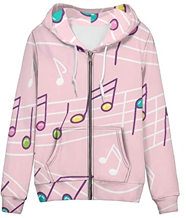 Biyejit Damen-Kapuzenpullover, bunt, Musiknoten, Reißverschluss, langärmelig, lässig, Kordelzug, übergroße Jacke mit Taschen, Größe XS - 5XL