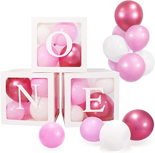 Party Dekoration für Mädchen, Jiosdo Ballon 'ONE' Boxen mit 24 Luftballon für Babyparty Geburtstagsdeko 1 jahr, Erster Geburtstag Hintergrund (Pink)