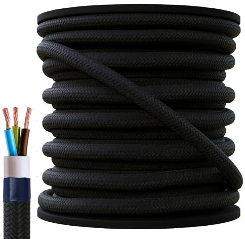 4 Metres 3 Core Textile Braided Cable Fabric Cable Pendulum Cable Lamp Cable Textile Cable 3 x 0.75 3G0.75 Black/White, 40 Round