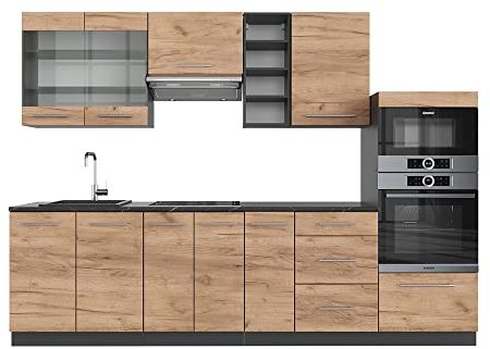 Vicco Küchenzeile Fame-Line, Goldkraft Eiche/Anthrazit, 280 cm ohne Arbeitsplatte