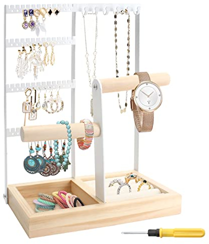NAEBRO Schmuckst?nder, Wei? Schmuckhalter Kettenst?nder Eleganter Schmuck Kettenhalter, Jewelry Organizer Stand Holz und Metall Schmuckst?nder f¨¹r Ketten Ohrringen Armb?ndern Ringen