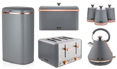 Tower Cavaletto Pyramid Kettle, 4 Slice Toaster, Bread Bin, 3 Canisters & 58L Sensor Bin. Kitchen Set of 7 in Grey & Rose Gold