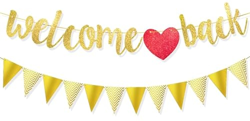 Firtink Welcome Back Girlande Gold Dreieck Flagge, Willkommen Zurück Banner Schulbanner Schule Saison Banner für Schuldekoration, Klassenzimmer Dekoration, Familie Aktivitäten Deko