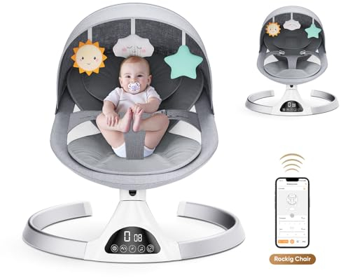 Aomdom Elektrische Babyschaukel,transat Baby e für Kinder bis 9 kg Gewicht,mit Fernbedienung und Wireless für Style Control APP,Babyschaukel mit 5-Punkt-Sicherheitsgurt., grau