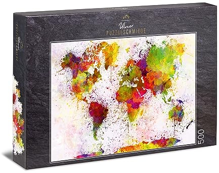 Ulmer Puzzleschmiede - Puzzle „Bunte Welt“ - Klassisches 500 Teile Puzzle – Modernes Puzzlemotiv mit origineller Farben-Inszenierung der Weltkarte