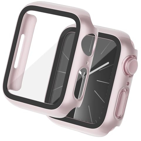 Tuocal 2 Stück Hard Hülle Kompatibel mit Apple Watch Series 9 Series 8 Series 7 41mm HD PC Vollständige Abdeckung Schutz mit Schutzfolie Cover Case Glas Schutzhülle für iWatch 41mm, Rosa