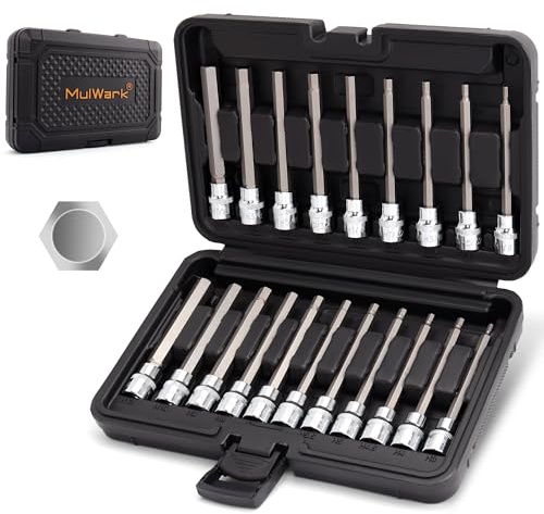 Mulwark 20PC 3/8 Drive Extra Long Allen Hex Bit Socket Set - Long Allen Socket Set Contain Metric Allen Sockets 3mm - 12mm | SAE Hex Sockets 1/8'' - 7/16'' with Storage Case for Repair and Assembly