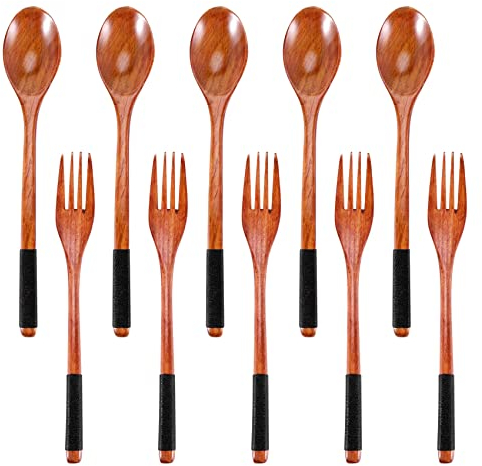 Ecverbyh Set di cucchiai e forchette in legno in stile giapponese, set di utensili in legno per mangiare in legno, riutilizzabili (corde nere, 10 pezzi)