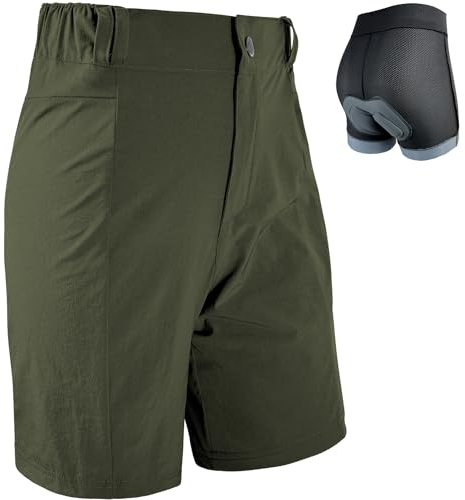 Wulibike Radlerhose Damen Mountainbike-Radhose 2 in 1 gepolstert MTB Shorts Frauen Fahrradhose mit Polsterung Reiten Fahrrad Radfahrhose Reißverschlusstaschen Olivgrün XL