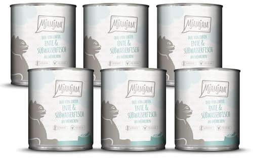 MjAMjAM - Premium Nassfutter für Katzen - DUO von zarter Ente & Süßwasserfisch an Möhrchen, 6er Pack (6 x 800g), getreidefrei mit extra viel Fleisch