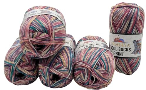5 x 100 Gramm Himalaya Socks Print Sockenwolle mehrfarbig, 75% Merinowolle, 500 Gramm Wolle für Stricksocken und Strümpfe (petrol beere rosa ua s60-03)