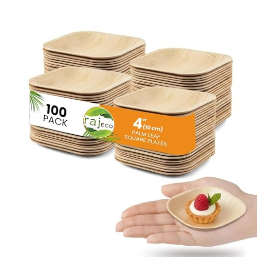 Raj Palm Leaf Mini Square Plates 4 (10cm) | 100 Pack | Eco | Cute mini plates, natural wooden look & fully compostable. Perfect for canapés & party snacks.