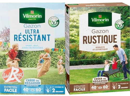 Vilmorin 4462414 Gazon Ultra Résistant, Vert, 1 kg & Gazon Rustique - Robuste et esthétique, 1kg, Vert