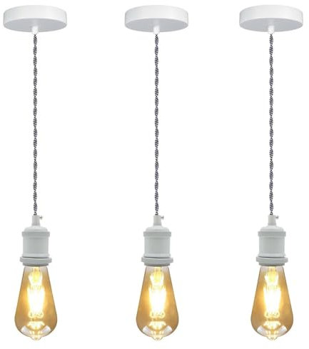 LEDSone Vintage Ceiling Pendant Light Metal 3 Pack 95cm Twisted Braided Adjustable Cable with E27 Light Fitting Lamp Holder for Kitchen Living Bedroom Dining Room Restaurant (White - 3 Pack)