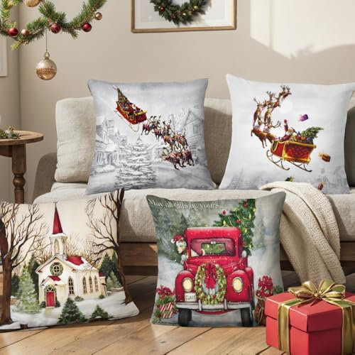 DTYGUIXE 4 Pz Federe Cuscini Natalizi,Copricuscini di Natale da 45x45 cm,Copricuscini Divano Natalizi Divertenti,Federe Cuscini Salotto per Camera Soggiorno da Letto Decorazioni Casa
