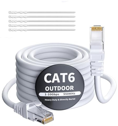 Mygatti 15 Metri CAT6 Cavo Ethernet per Esterno/Interno-bianco,cavo di rete Internet Gigabit,resistente,impermeabile,posa diretta,per fotocamera POE,cat 6 cavo patch LAN RJ45+25 fascette