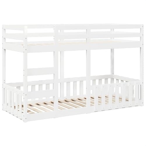 vidaXL Etagenbett, Kinderbett mit Rausfallschutz Leiter, Stockbett mit Lattenrost, Bett Holzbett Bodenbett, Weiß 90x190cm Massivholz Kiefer