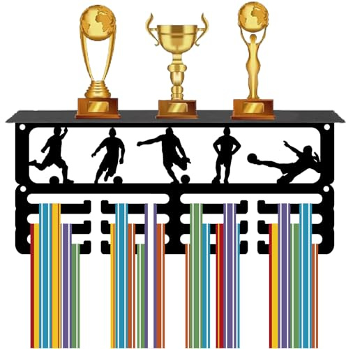 CREATCABIN Fußball Medaillenaufhänger Trophäenregal Mit Haken Medaillenhalter Aufhänger Mit Regalständer Sport Wandhalterung Für 60+ Medaillen Organizer Gestell Männer Frauen Auszeichnungen 29x13x10cm