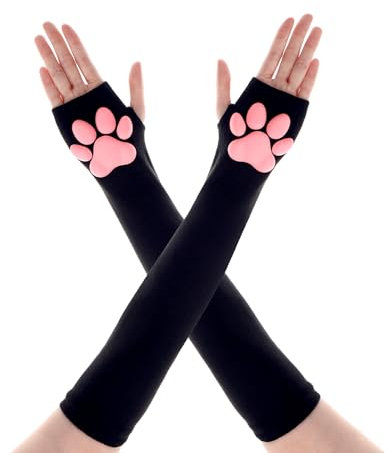 Telooco Long Fingerless Cat Paw Gloves With 3D Pink Pad Mittens for Halloween Cosplay Sleeve