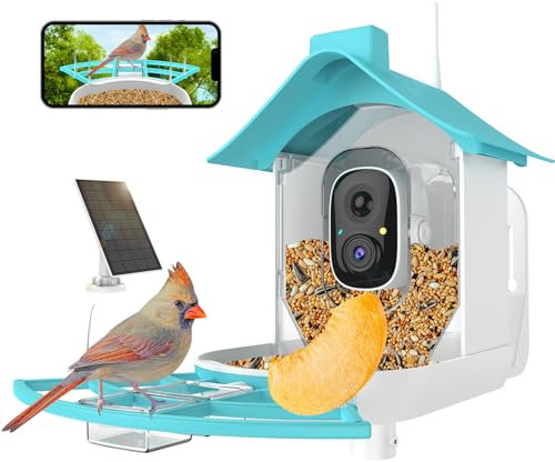 Bird Feeder with Camera, Smart Bird Feeder Camera with 1080P HD AI Identify Instant Notifications, Birds Watching Camera with Solar Panel in Backyard, Ideal Gift for Family and Birds Lover,Blue