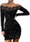 Hanaoops Sequin Dresses for Women Off Shoulder Bodycon Mini Dress Elegant Long Sleeve Wrap Dress Sparkly Glitter Evening Dress Party Disco Club Dress Sexy Cocktail Clubwear Wedding Guest Outfit Black