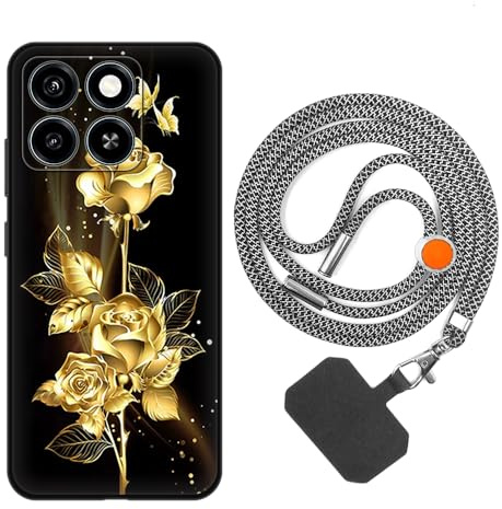 vingarshern Handyhülle Kompatibel mit ZTE Blade A55 Hülle Silikon mit Aesthetic Muster,Stoßfest Schutzhülle mit Kordel,Weich Bumper Case mit Handykette/Umhängeban,Goldene Blume