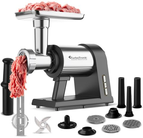 TurboTronic Elektrischer Fleischwolf Samurai – 2600W beste Maschine mit Spritzgepäckvorsatz Metallgetriebe Gemüse Zerkleinerer Zubehör aus Edelstahl Wurst Plätzchen Kebbeh Aufsatz Hackfleisch