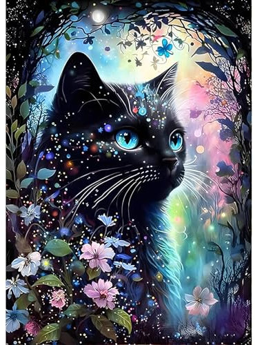 QINRUBB DIY Schwarze Katze Diamond Painting Erwachsene, 5D Kätzchen Diamant Painting Bilder Anfänger, Runder Blumen Vollbohrer Diamanten Malerei Stickerei Kreuzstich Geschenke Home Wand Dekor 30x40cm