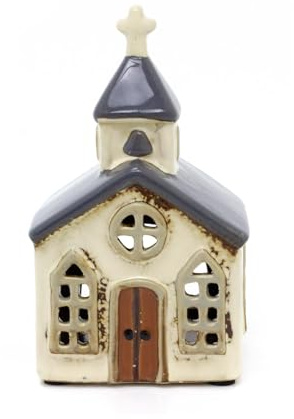 Carousel Home Ceramic Church Tealight Votive Holder | Village Chapel Tea Light Candle Holder | Pottery Church Ornament - 14cm