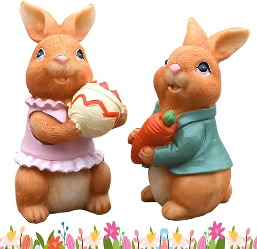 CIYIN 2 Stück Osterhasen Figuren, Dekofiguren Hasen, Osterdeko Osterhase Deko, Harz Osterhase, Gartenstatuen Kaninchen, Bunny Figuren Ornament für Ostern Tisch Garten Frühling Deko